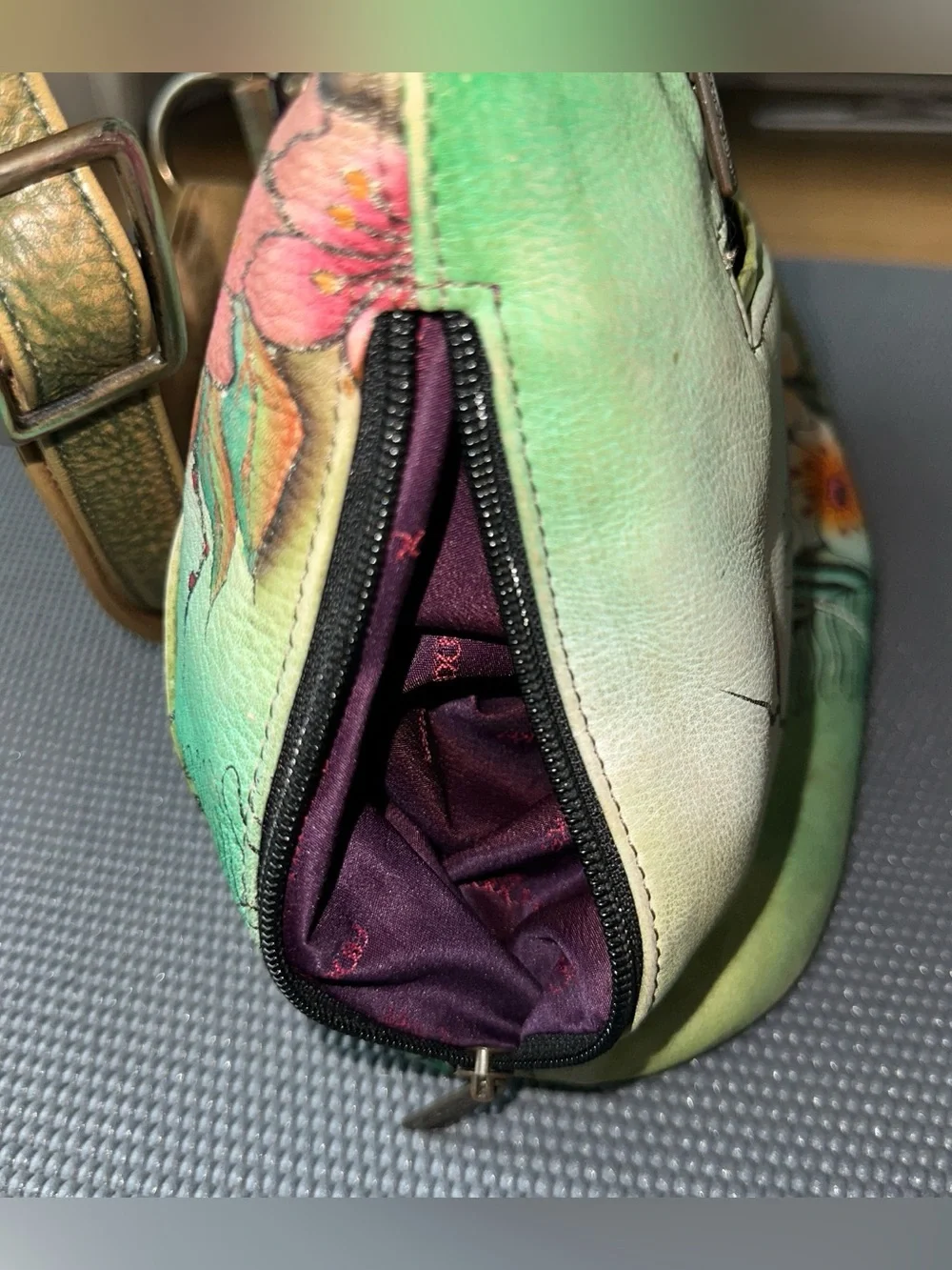 Anuschka Hand Painted Genuine Leather Hobo Shoulder Bag Peacock Floral